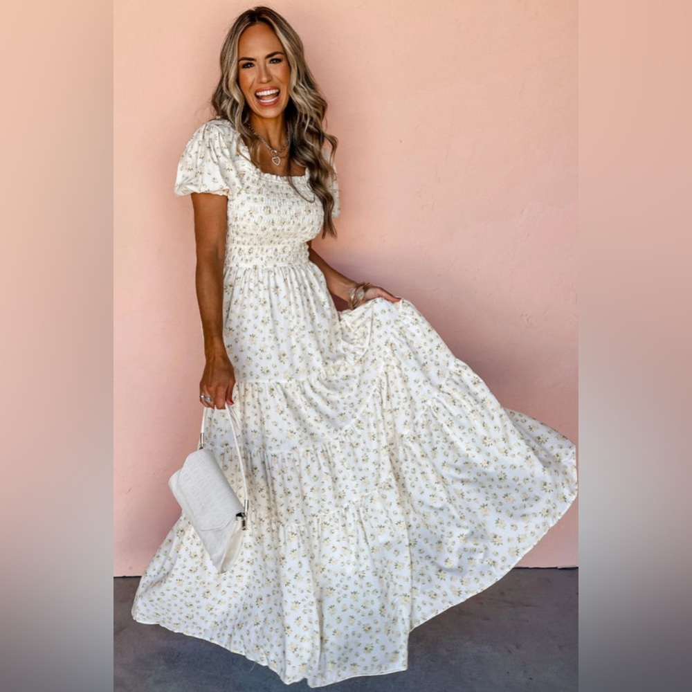 Smocked Waist White Floral Maxi Dress
